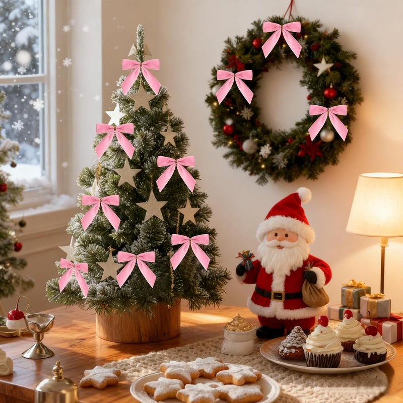 CCILAND Store 24 Pcs Pink Small Velvet Bows for Christmas Tree, 3.54 Inch Mini Christmas Bows for Gift Wrapping, Twist Tie Velvet Bows Xmas Ornaments for Wreath, Crafts, Party, Wedding - Image 4